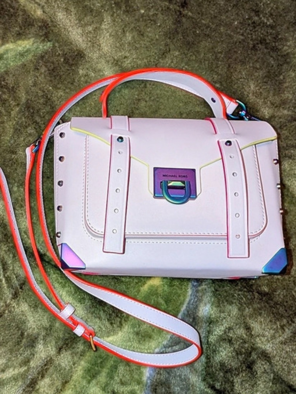 Michael Kors Manhattan Medium Leather Satchel Optic White Neon Trim GUC